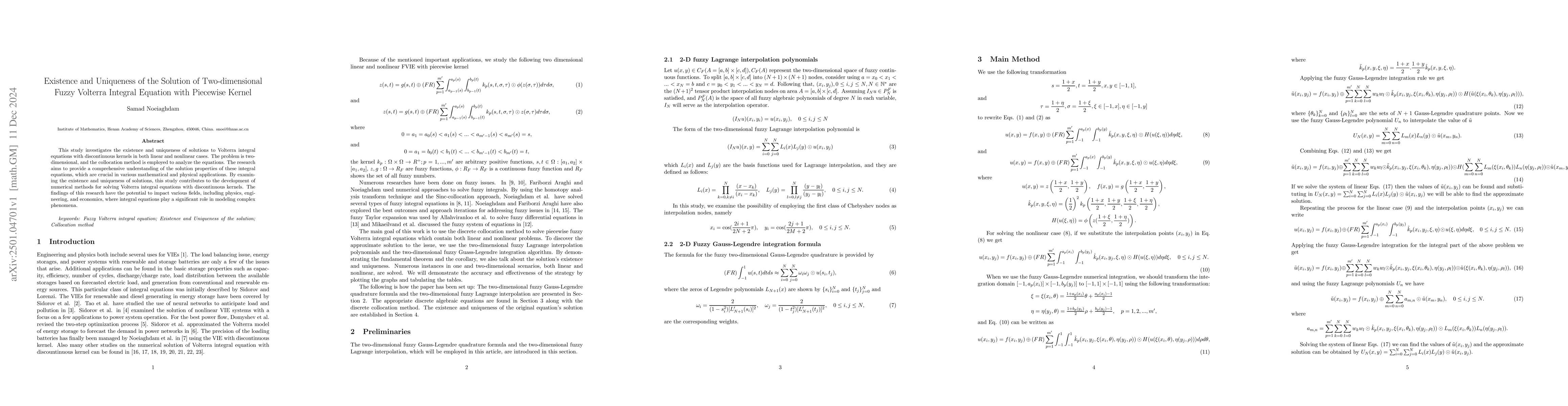 Thumbnail for Existence and Uniqueness of the Solution of Two-dimensional Fuzzy
  Volterra Integral Equation with Piecewise Kernel
