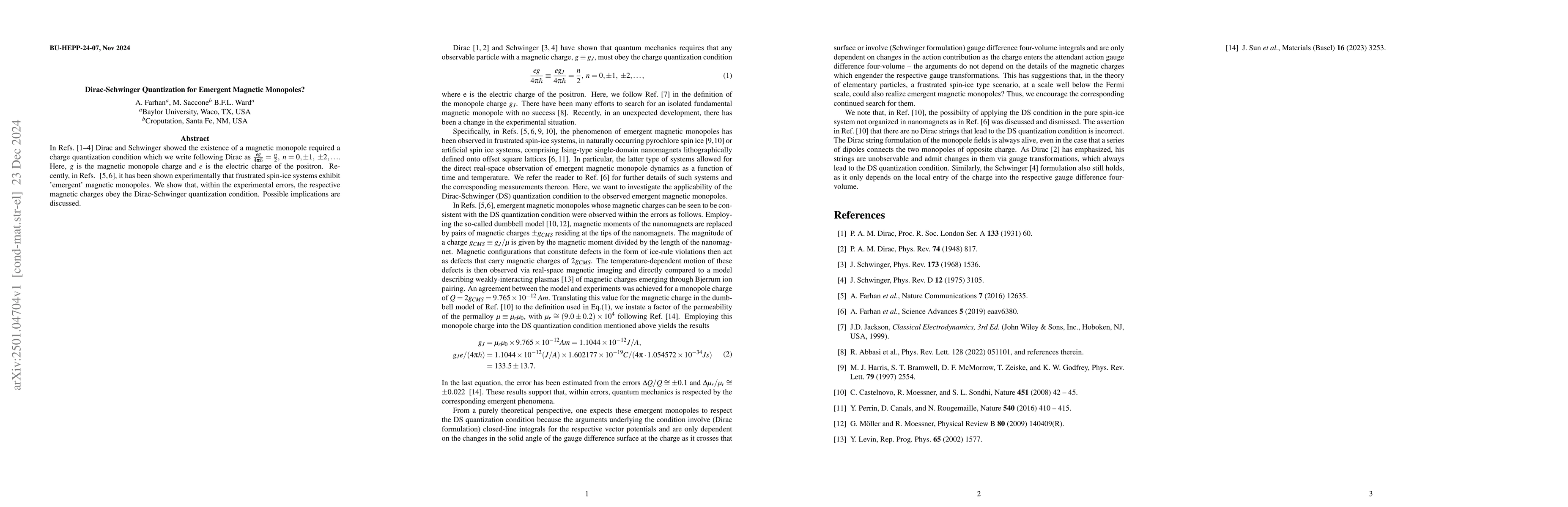 Thumbnail for Dirac-Schwinger Quantization for Emergent Magnetic Monopoles?