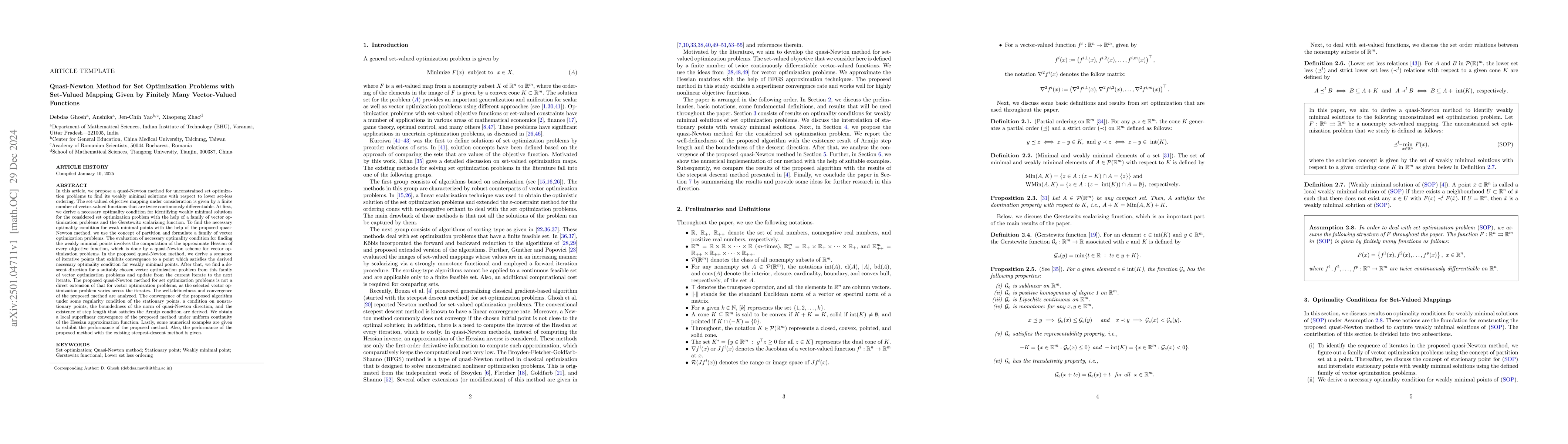 Thumbnail for Quasi-Newton Method for Set Optimization Problems with Set-Valued
  Mapping Given by Finitely Many Vector-Valued Functions