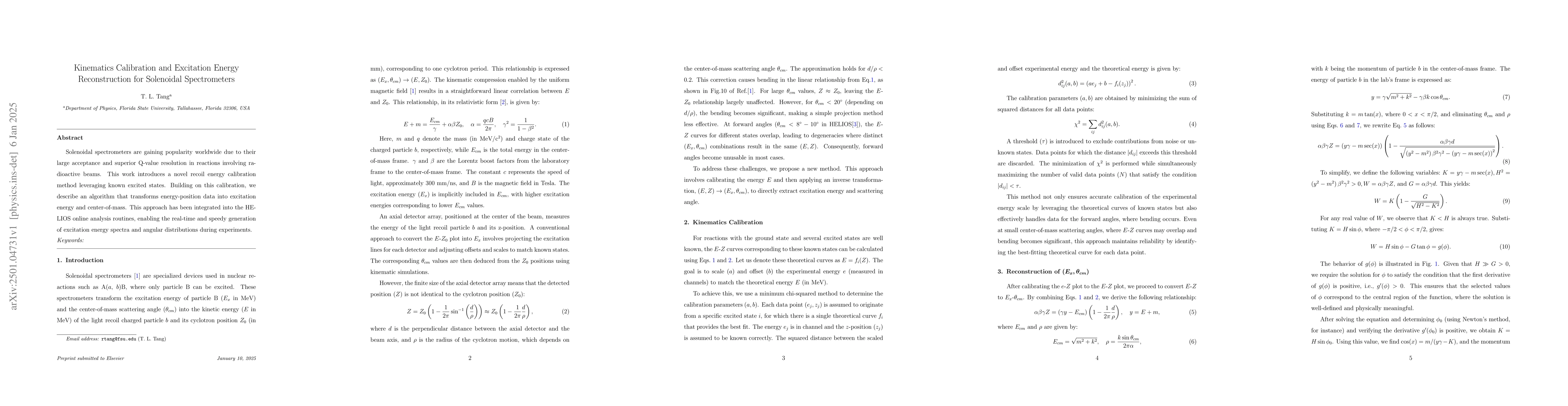 Thumbnail for Kinematics Calibration and Excitation Energy Reconstruction for
  Solenoidal Spectrometers