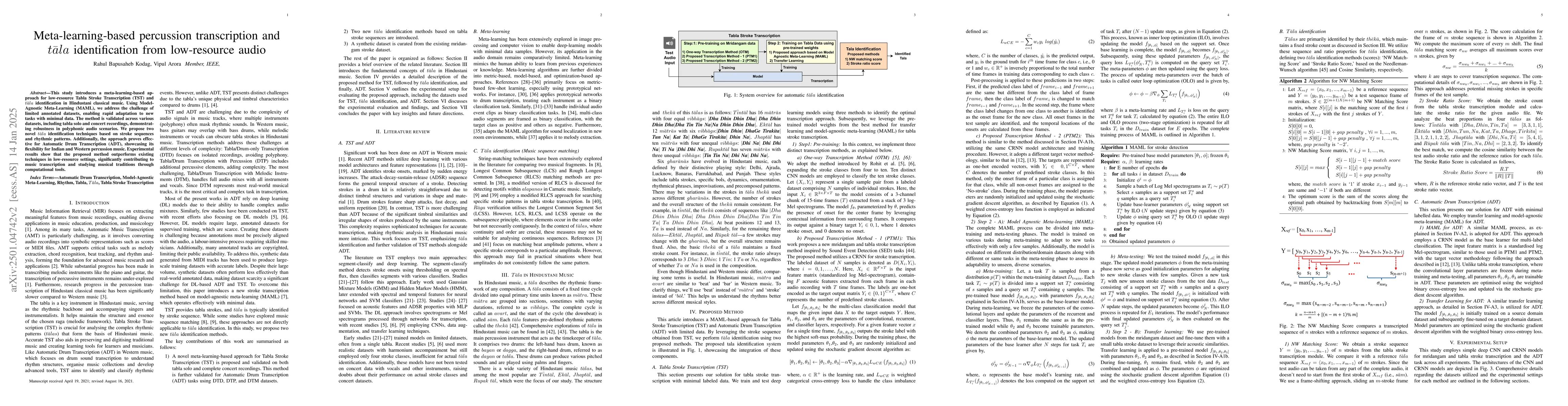 Thumbnail for Meta-learning-based percussion transcription and $t\bar{a}la$
  identification from low-resource audio