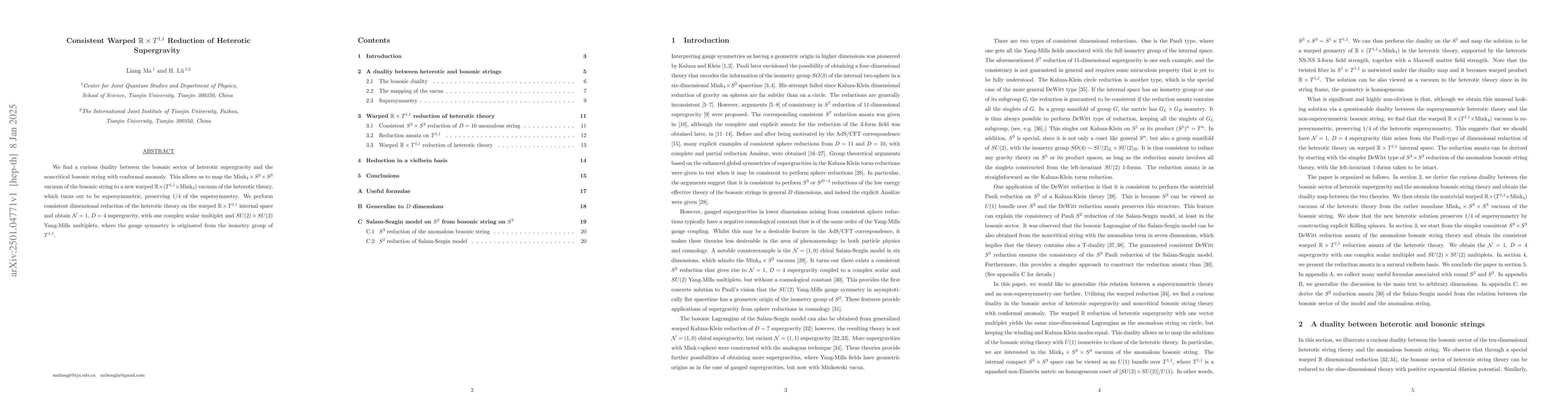 Thumbnail for Consistent Warped $\mathbb R\times T^{1,1}$ Reduction of Heterotic
  Supergravity