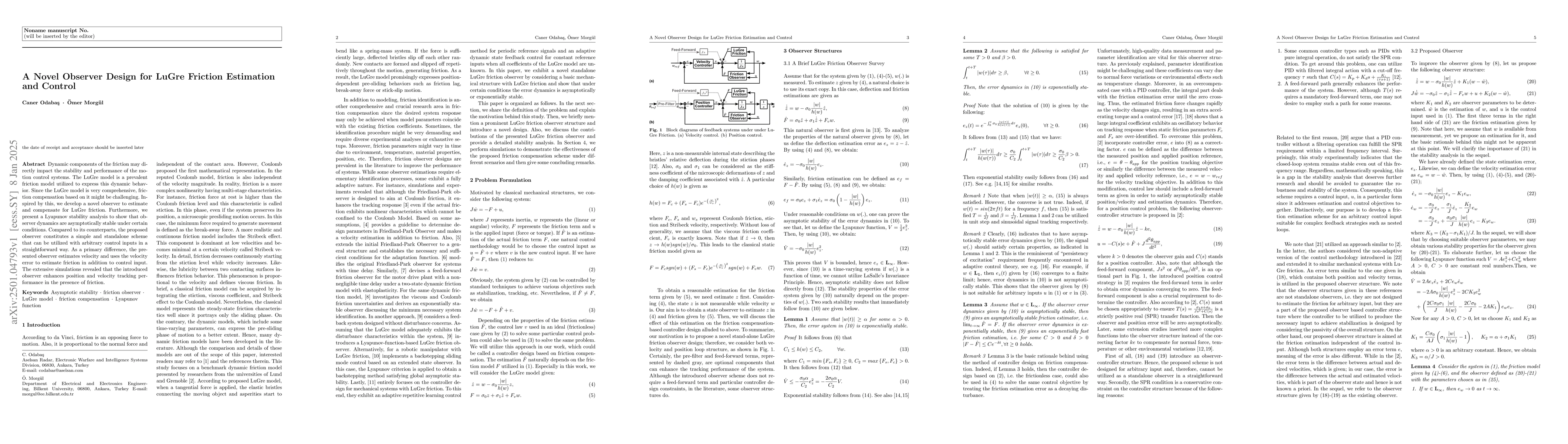 Thumbnail for A Novel Observer Design for LuGre Friction Estimation and Control