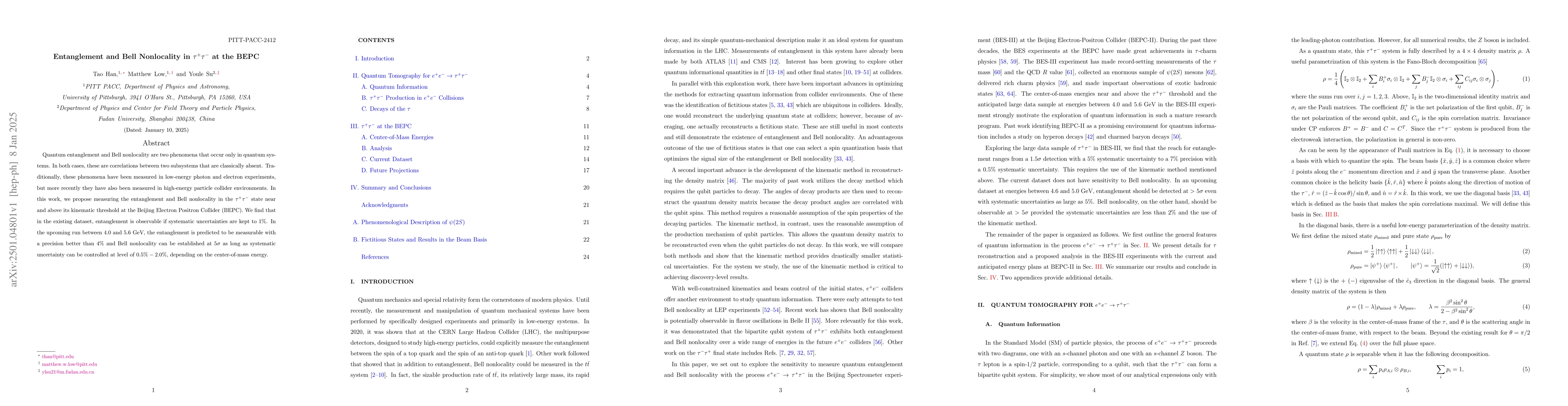 Thumbnail for Entanglement and Bell Nonlocality in $τ^+ τ^-$ at the BEPC