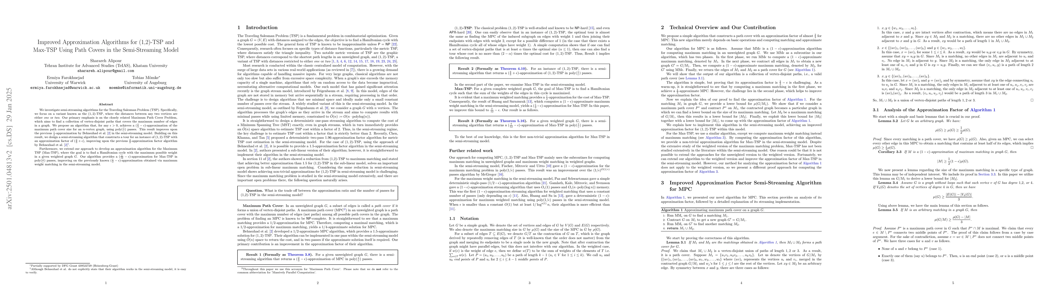 Thumbnail for Improved Approximation Algorithms for (1,2)-TSP and Max-TSP Using Path
  Covers in the Semi-Streaming Model