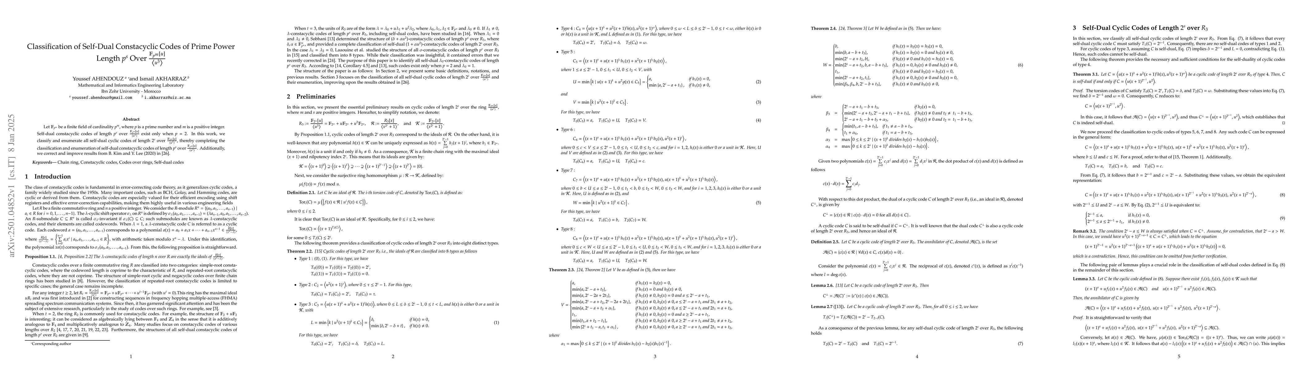 Thumbnail for Classification of Self-Dual Constacyclic Codes of Prime Power Length
  $p^s$ Over $\frac{\mathbb{F}_{p^m}[u]}{\left\langle u^3\right\rangle} $