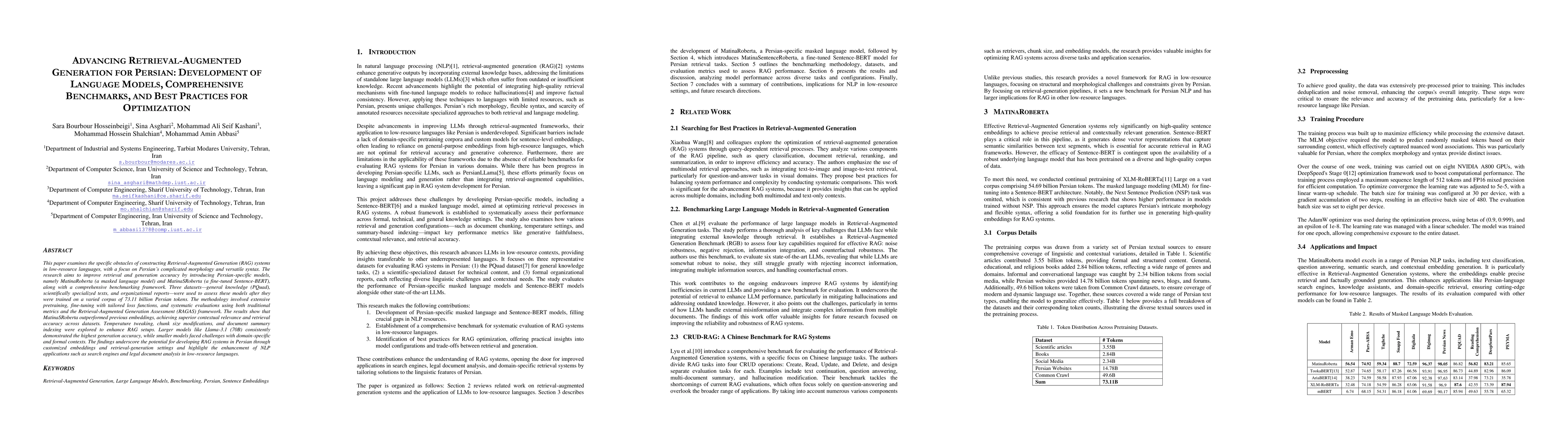Thumbnail for Advancing Retrieval-Augmented Generation for Persian: Development of
  Language Models, Comprehensive Benchmarks, and Best Practices for
  Optimization