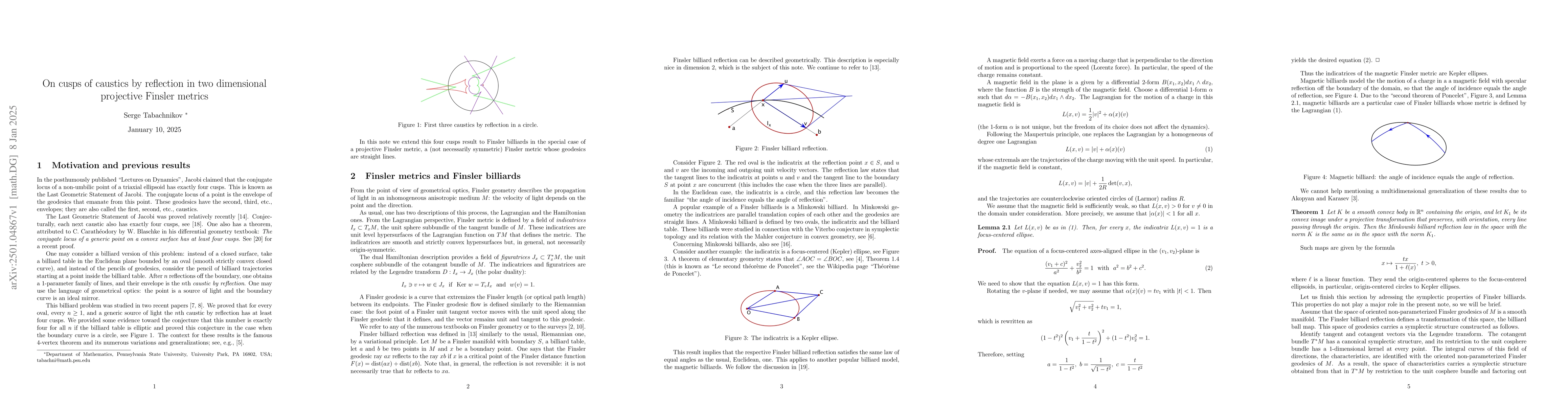Thumbnail for On cusps of caustics by reflection in two dimensional projective Finsler
  metrics