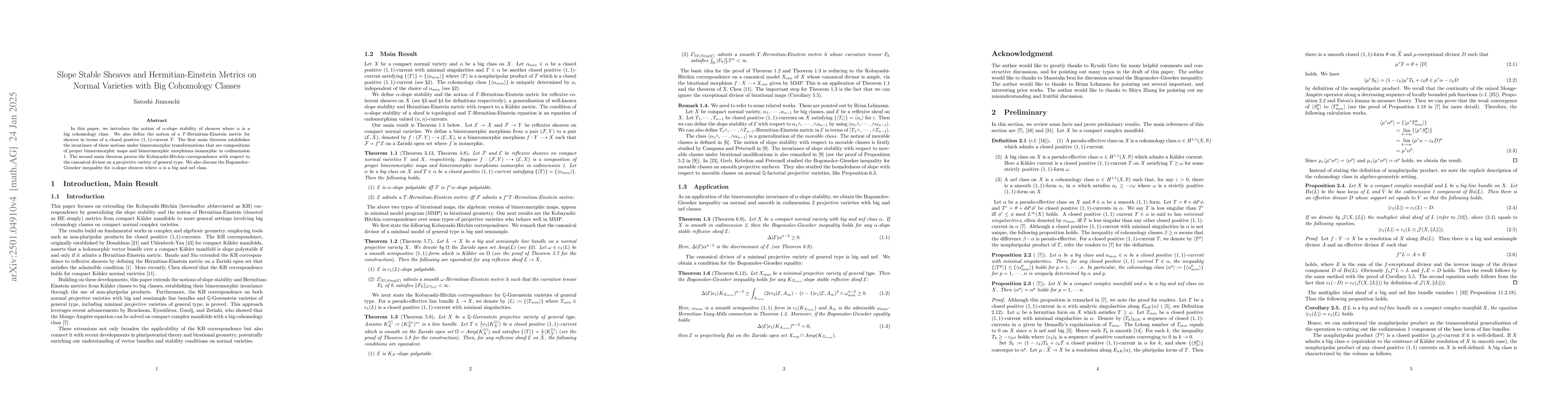 Thumbnail for Slope Stable Sheaves and Hermitian-Einstein Metrics on Normal Varieties
  with Big Cohomology Classes