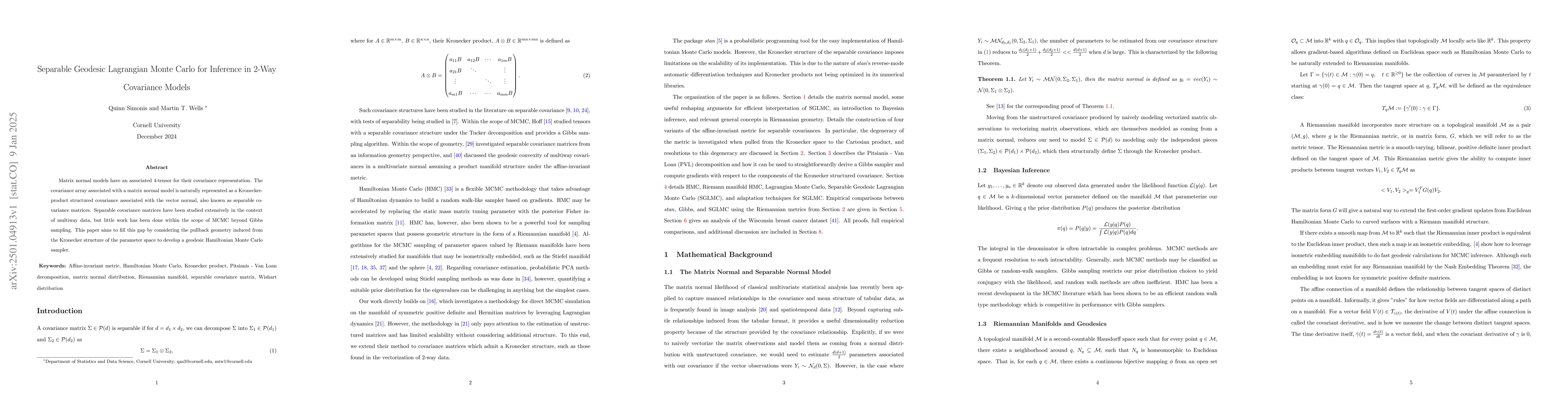 Thumbnail for Separable Geodesic Lagrangian Monte Carlo for Inference in 2-Way
  Covariance Models