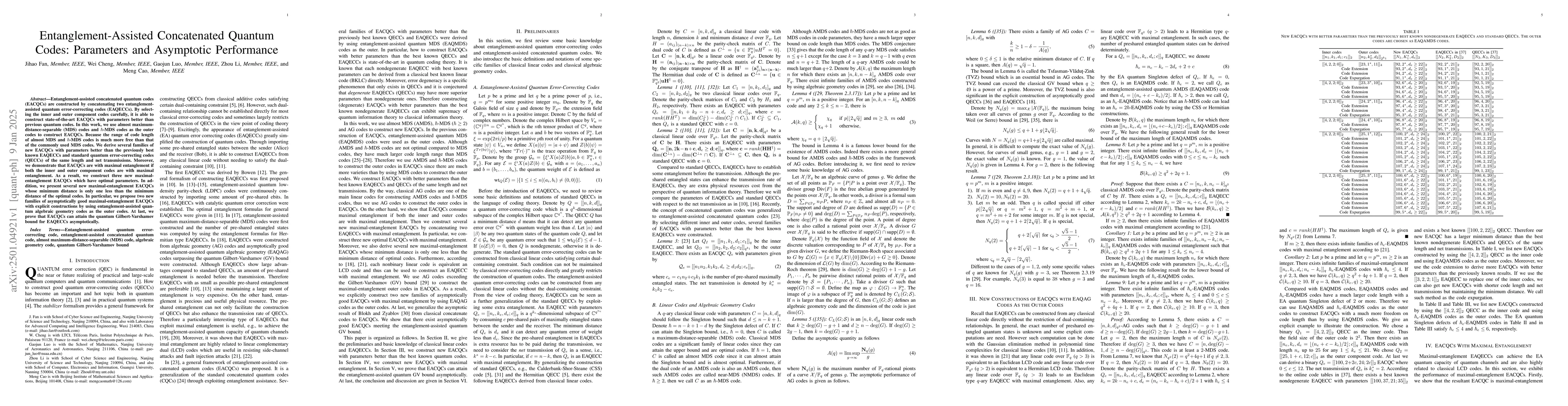 Thumbnail for Entanglement-Assisted Concatenated Quantum Codes: Parameters and
  Asymptotic Performance