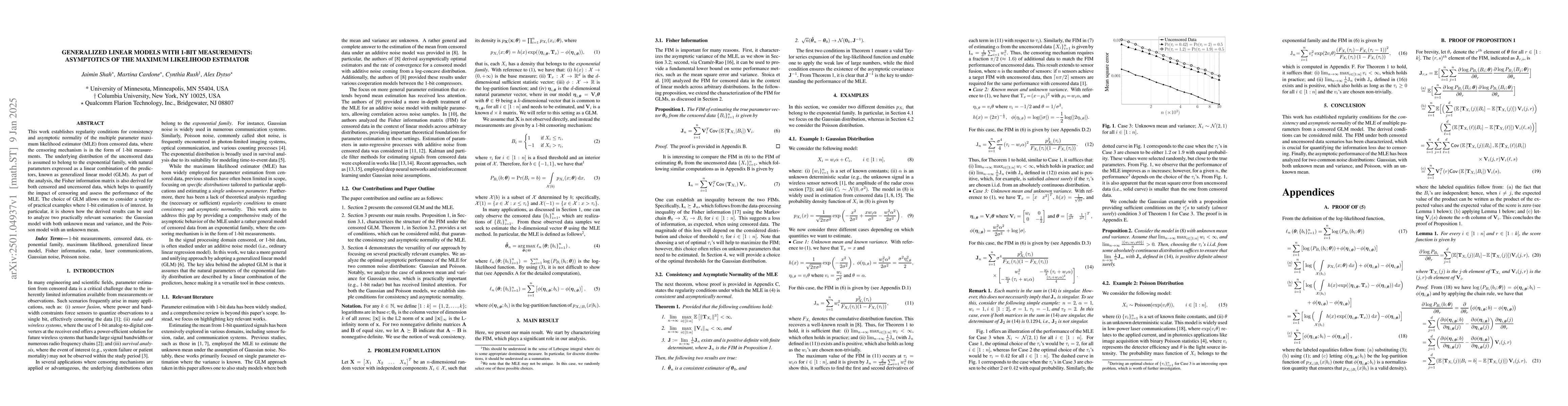 Thumbnail for Generalized Linear Models with 1-Bit Measurements: Asymptotics of the
  Maximum Likelihood Estimator