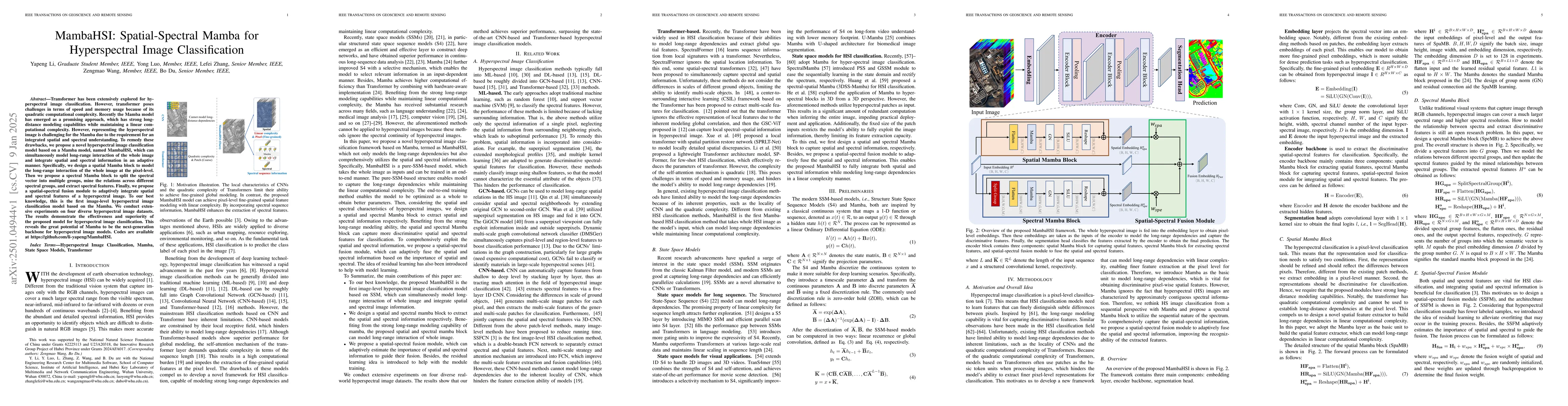 Thumbnail for MambaHSI: Spatial-Spectral Mamba for Hyperspectral Image Classification
