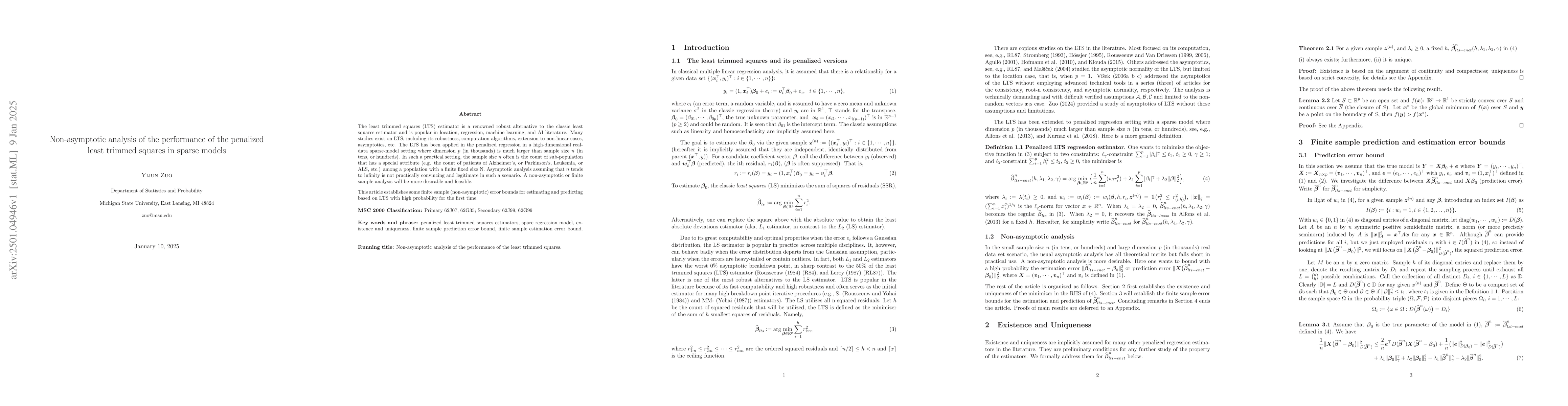 Thumbnail for Non-asymptotic analysis of the performance of the penalized least
  trimmed squares in sparse models