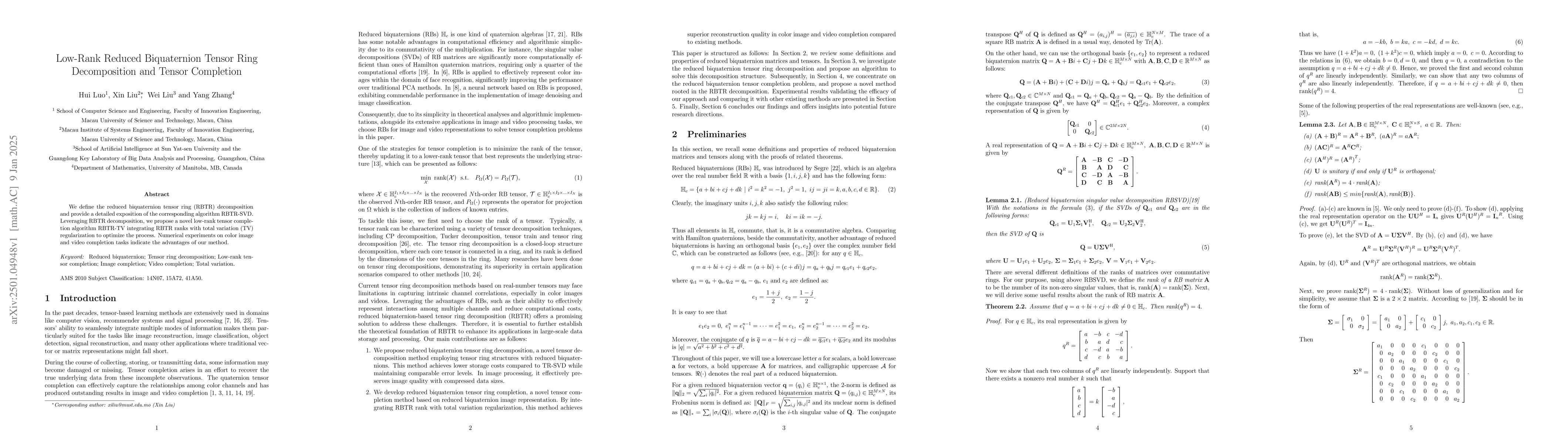 Thumbnail for Low-Rank Reduced Biquaternion Tensor Ring Decomposition and Tensor
  Completion