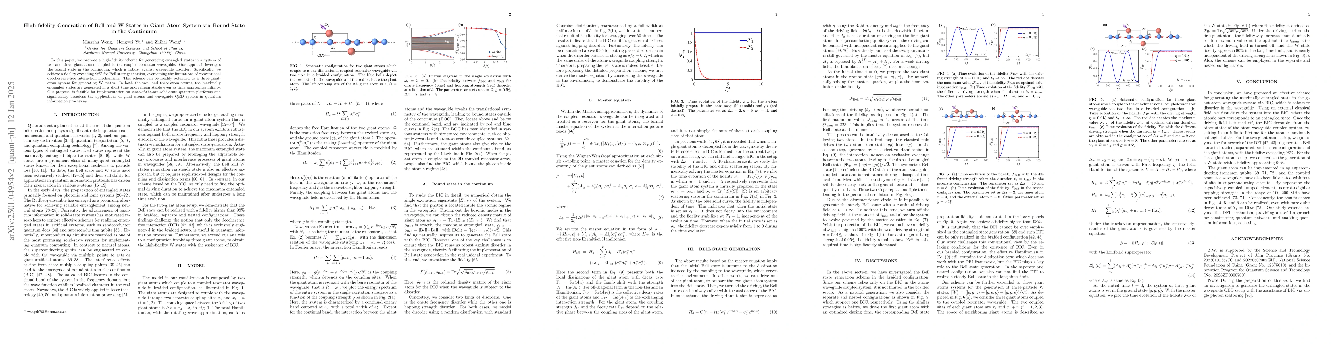 Thumbnail for High-fidelity Generation of Bell and W States in Giant Atom System via
  Bound State in the Continuum