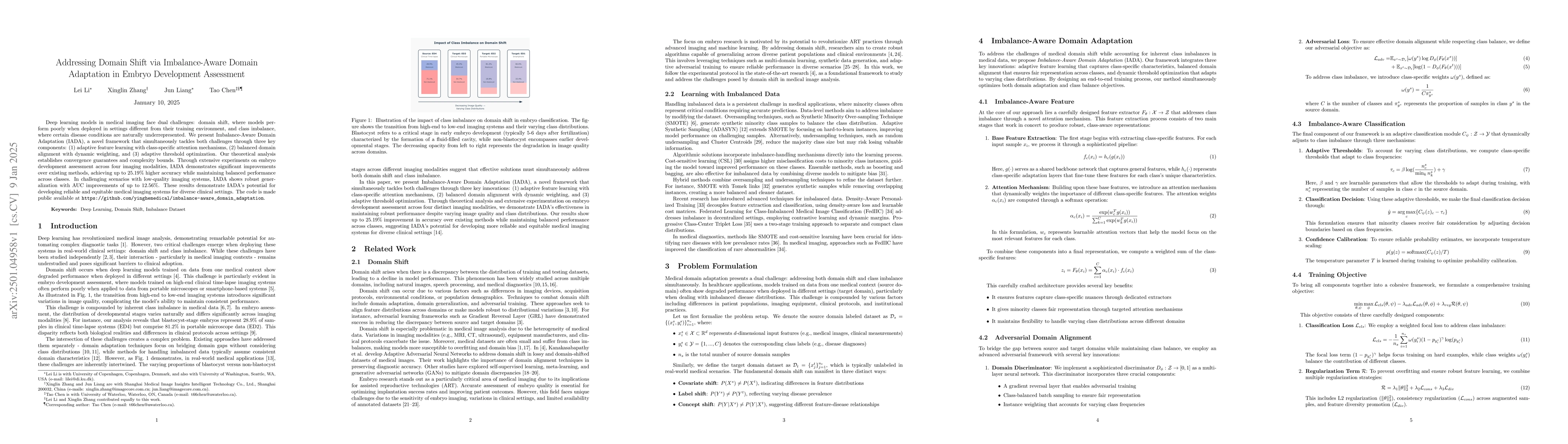 Thumbnail for Addressing Domain Shift via Imbalance-Aware Domain Adaptation in Embryo
  Development Assessment