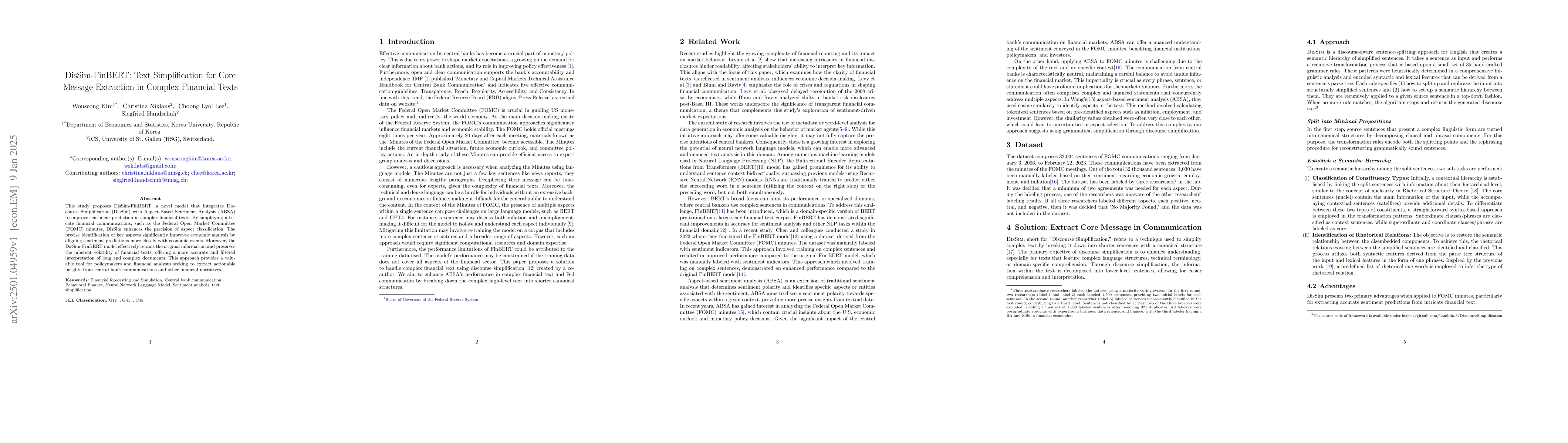 Thumbnail for DisSim-FinBERT: Text Simplification for Core Message Extraction in
  Complex Financial Texts