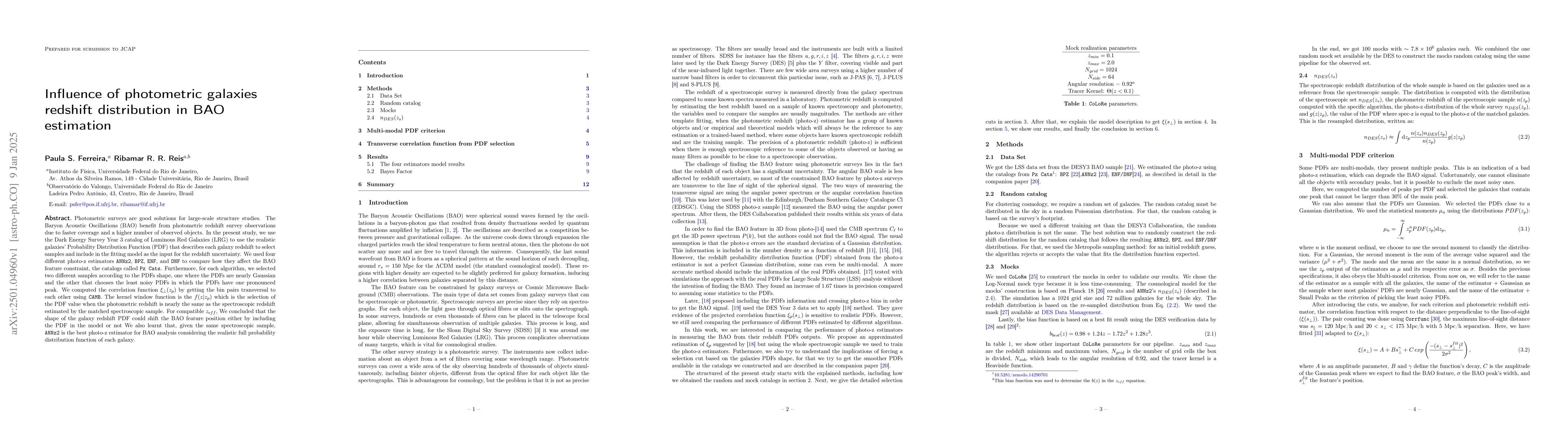 Thumbnail for Influence of photometric galaxies redshift distribution in BAO
  estimation