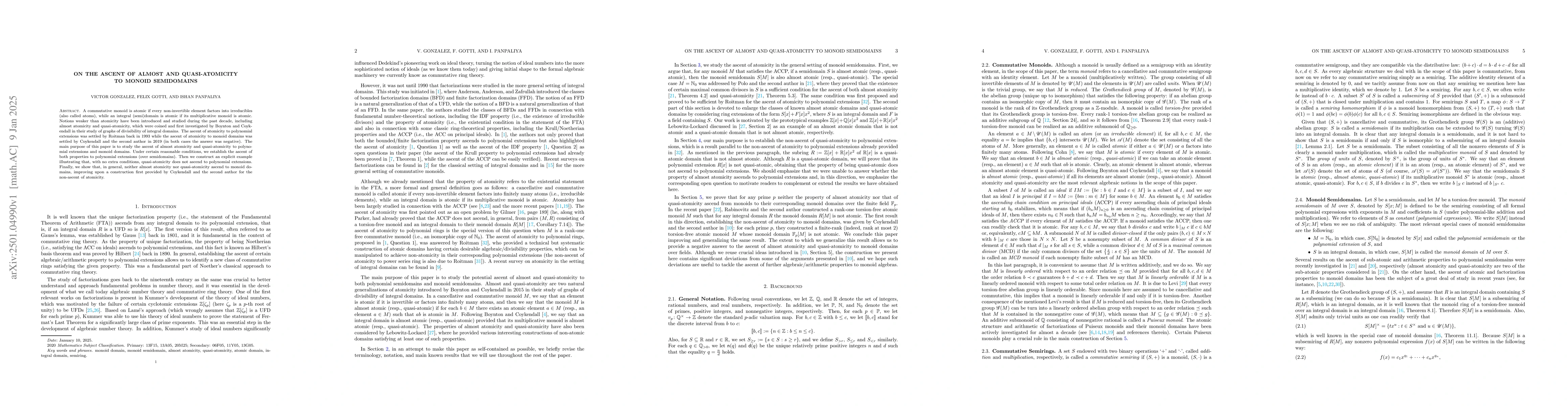 Thumbnail for On the ascent of almost and quasi-atomicity to monoid semidomains