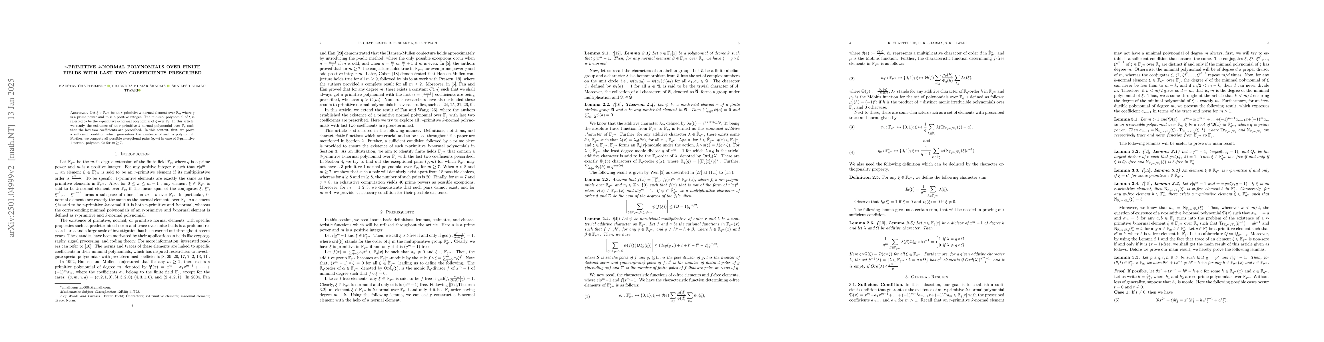 Thumbnail for $r$-primitive $k$-normal polynomials over finite fields with last two
  coefficients prescribed