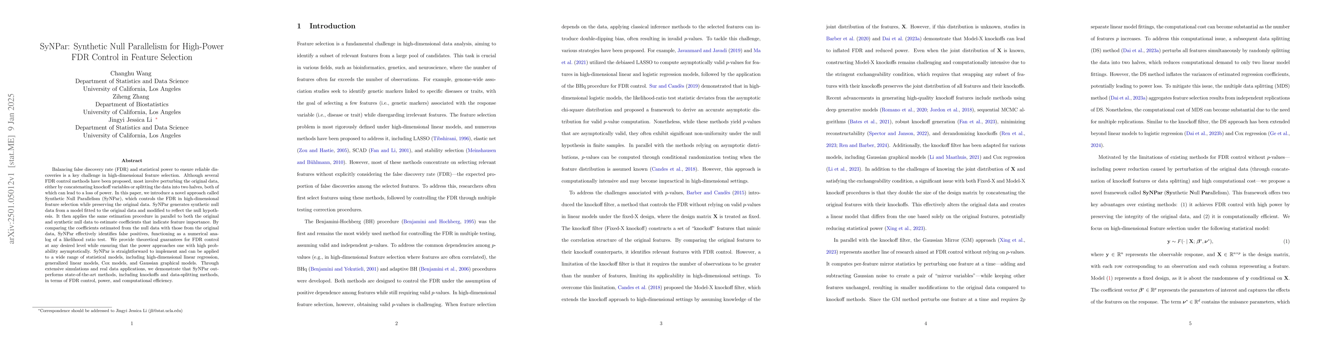Thumbnail for SyNPar: Synthetic Null Data Parallelism for High-Power False Discovery
  Rate Control in High-Dimensional Variable Selection