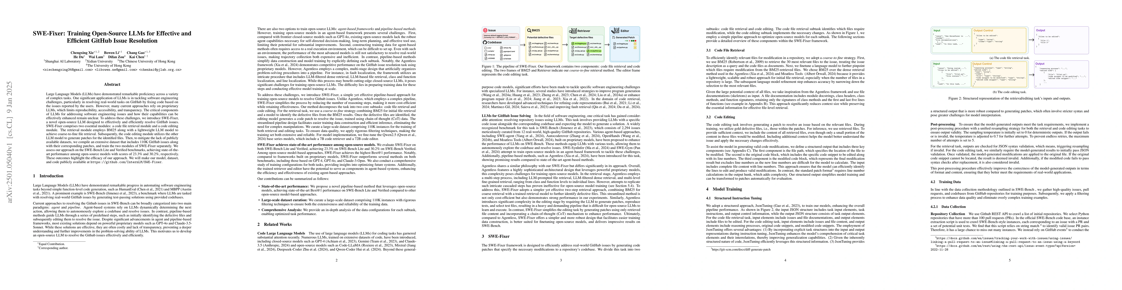 Thumbnail for SWE-Fixer: Training Open-Source LLMs for Effective and Efficient GitHub
  Issue Resolution