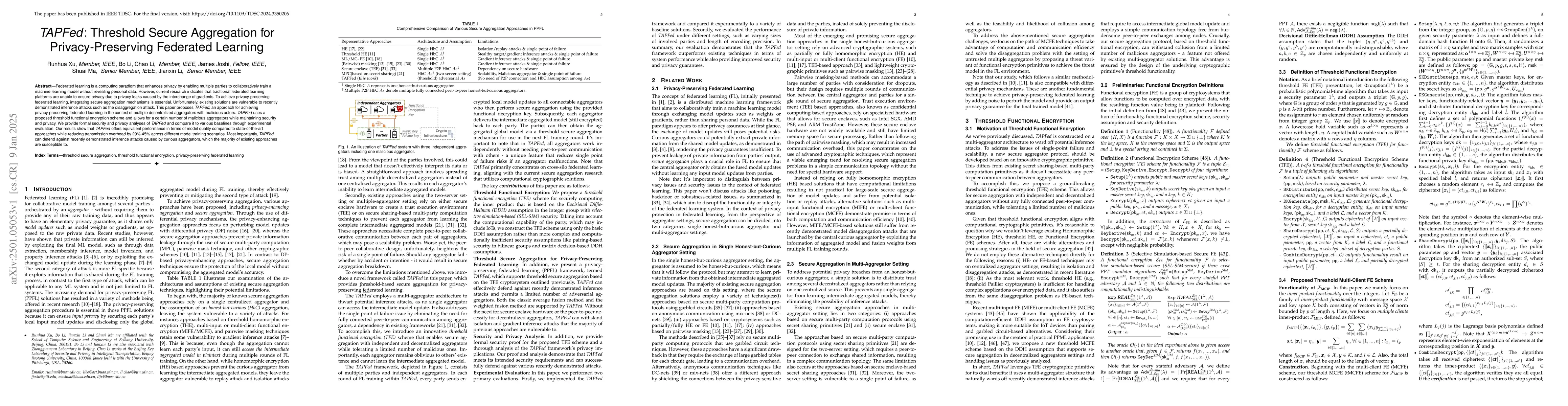 Thumbnail for TAPFed: Threshold Secure Aggregation for Privacy-Preserving Federated
  Learning