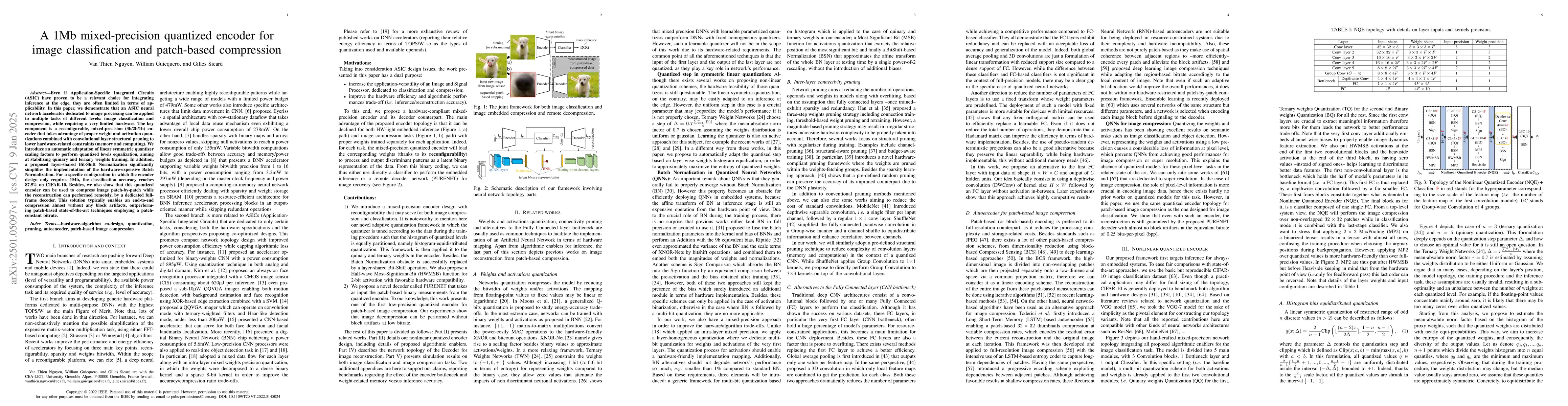 Thumbnail for A 1Mb mixed-precision quantized encoder for image classification and
  patch-based compression