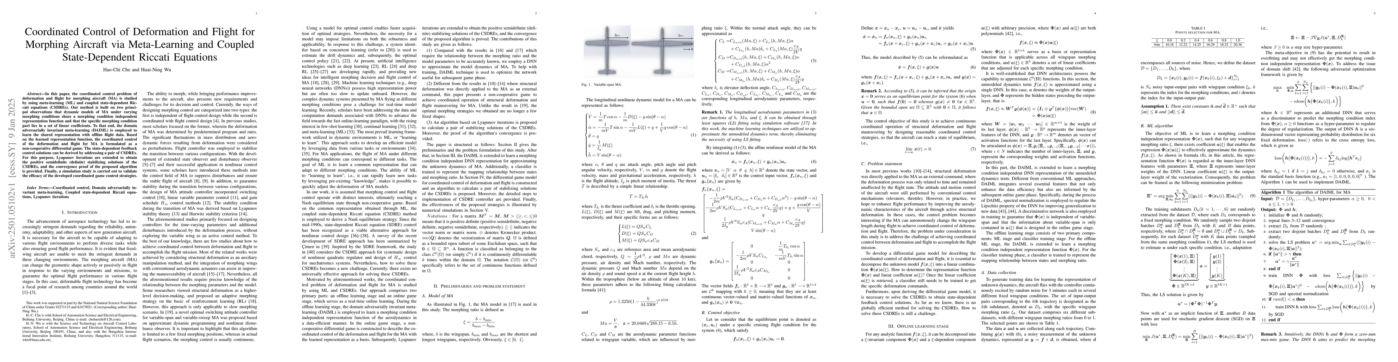Thumbnail for Coordinated Control of Deformation and Flight for Morphing Aircraft via
  Meta-Learning and Coupled State-Dependent Riccati Equations
