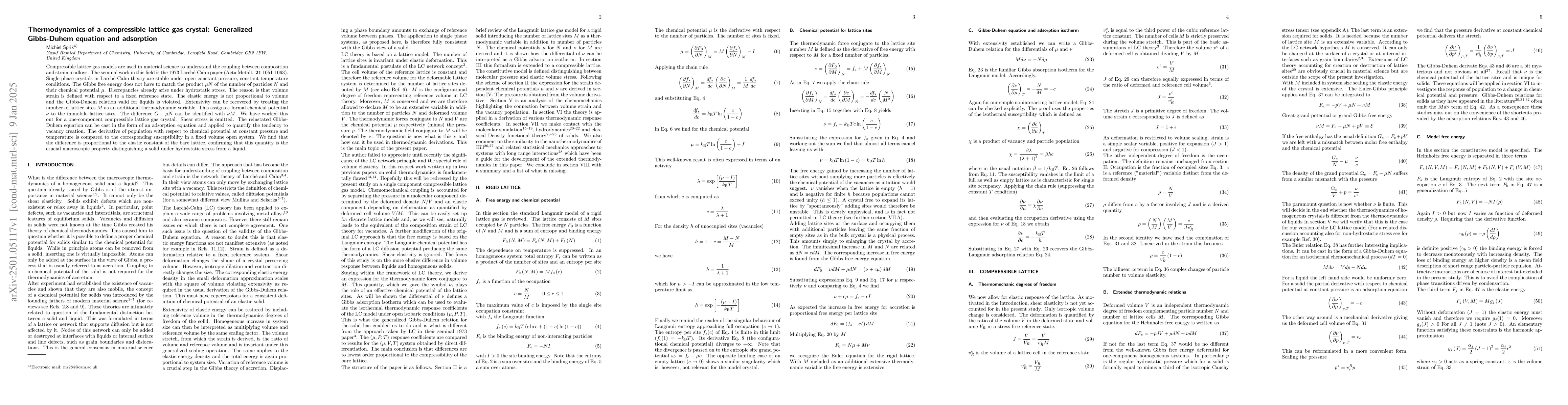Thumbnail for Thermodynamics of a compressible lattice gas crystal: Generalized
  Gibbs-Duhem equation and adsorption