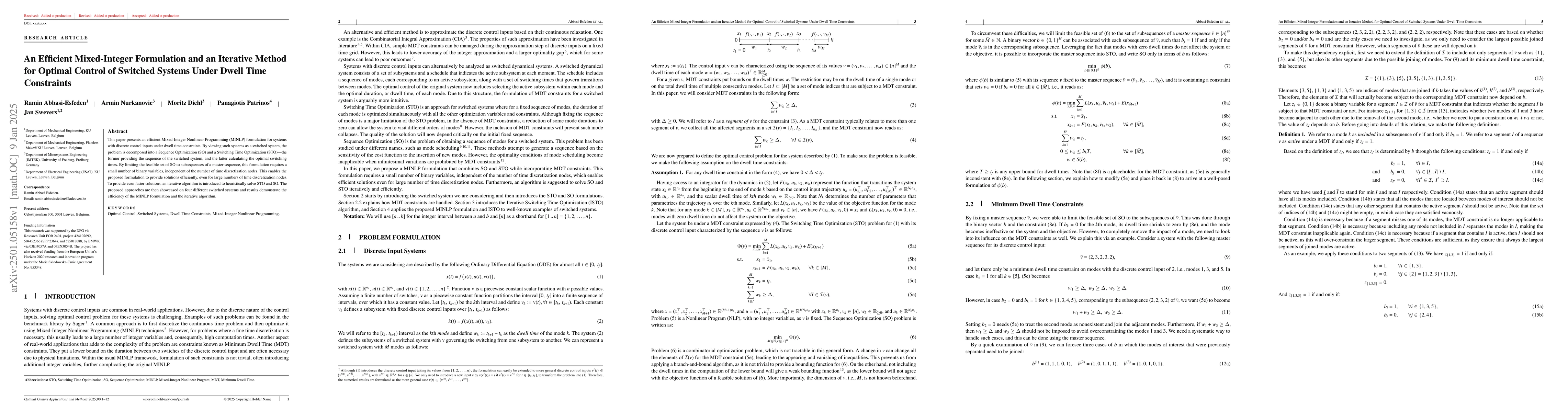 Thumbnail for An Efficient Mixed-Integer Formulation and an Iterative Method for
  Optimal Control of Switched Systems Under Dwell Time Constraints