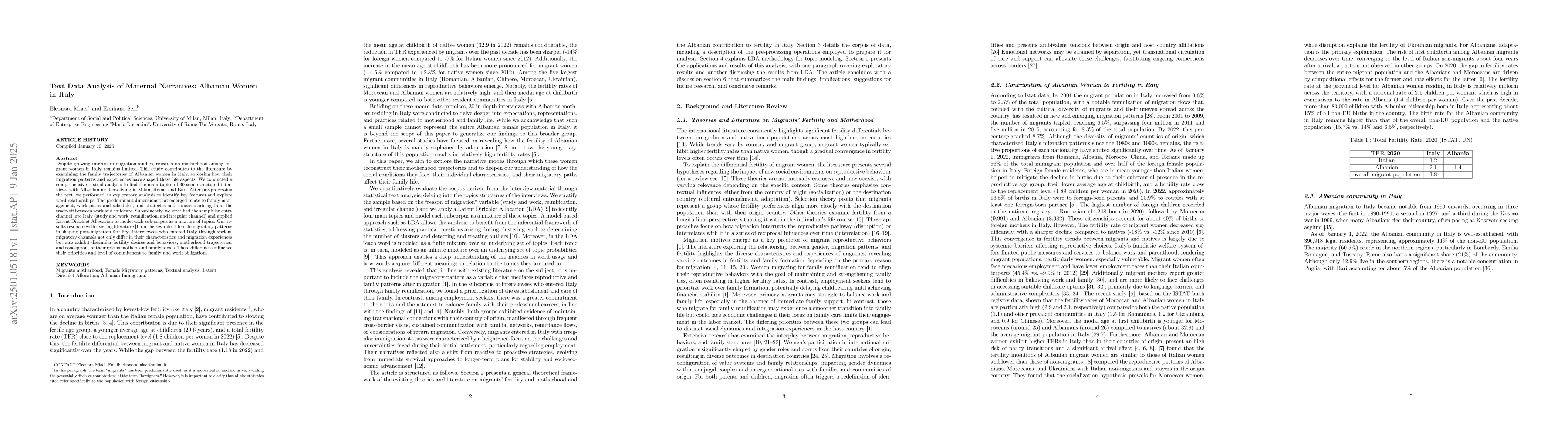 Thumbnail for Text Data Analysis of Maternal Narratives: Albanian Women in Italy