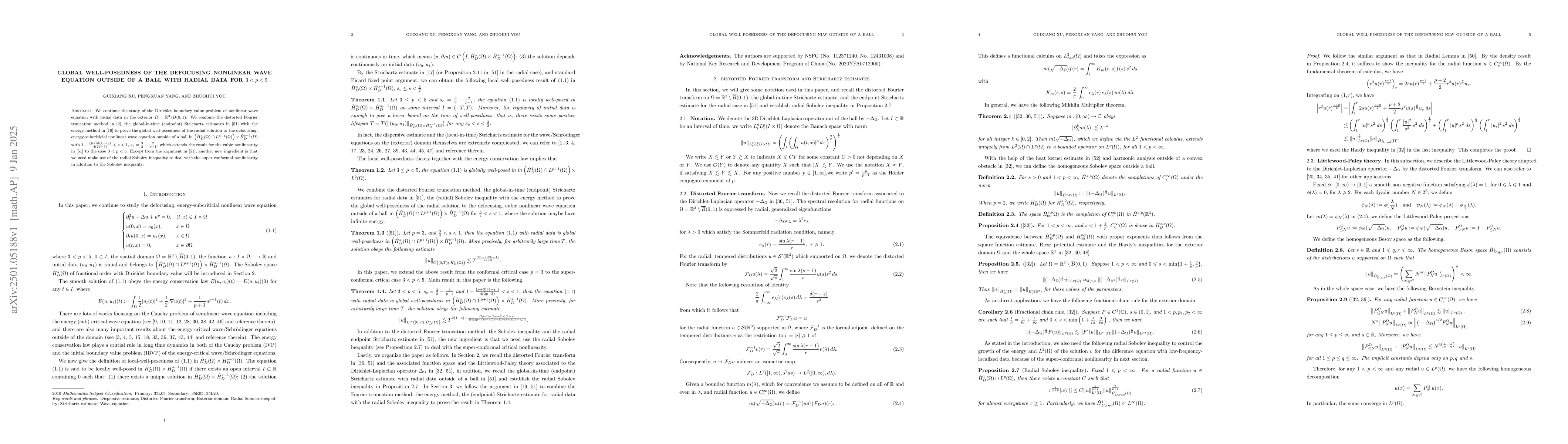 Thumbnail for Global well-posedness of the defocusing nonlinear wave equation outside
  of a ball with radial data for $3<p<5$