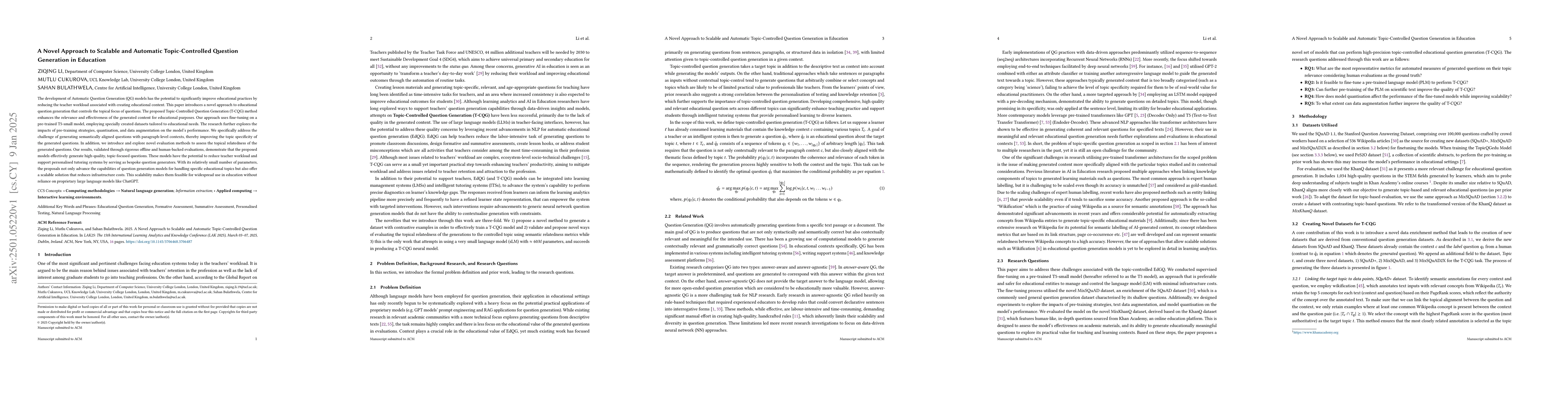 Thumbnail for A Novel Approach to Scalable and Automatic Topic-Controlled Question
  Generation in Education