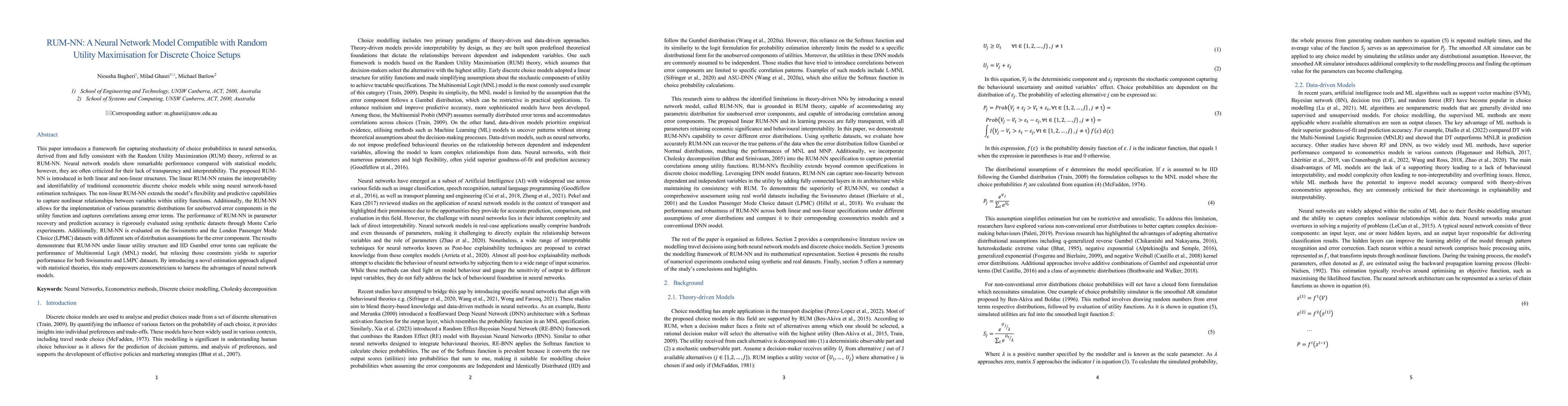 Thumbnail for RUM-NN: A Neural Network Model Compatible with Random Utility
  Maximisation for Discrete Choice Setups