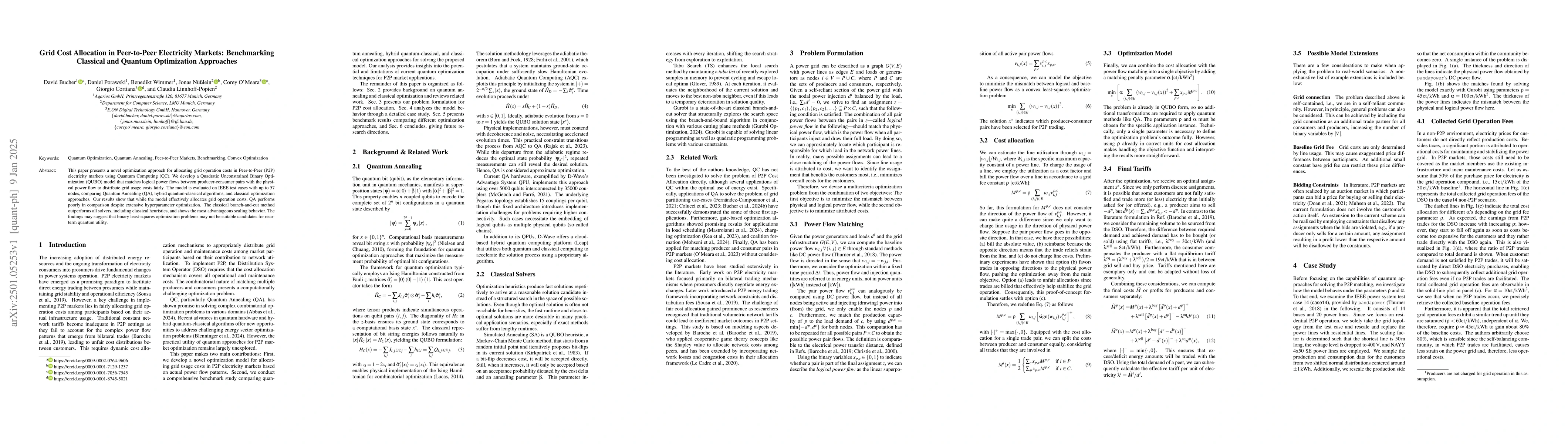 Thumbnail for Grid Cost Allocation in Peer-to-Peer Electricity Markets: Benchmarking
  Classical and Quantum Optimization Approaches