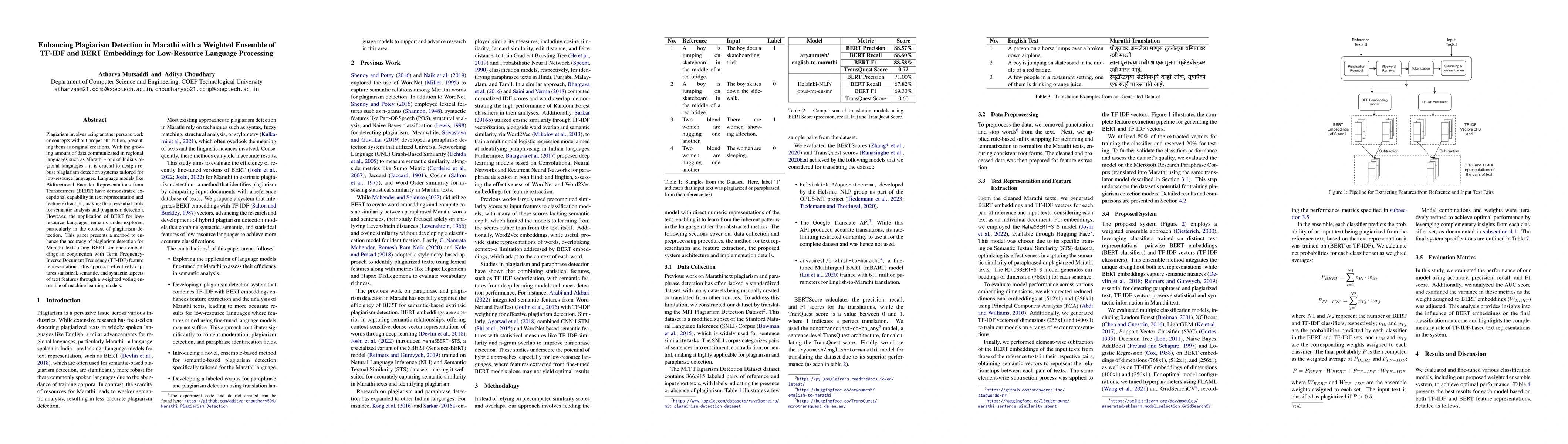 Thumbnail for Enhancing Plagiarism Detection in Marathi with a Weighted Ensemble of
  TF-IDF and BERT Embeddings for Low-Resource Language Processing