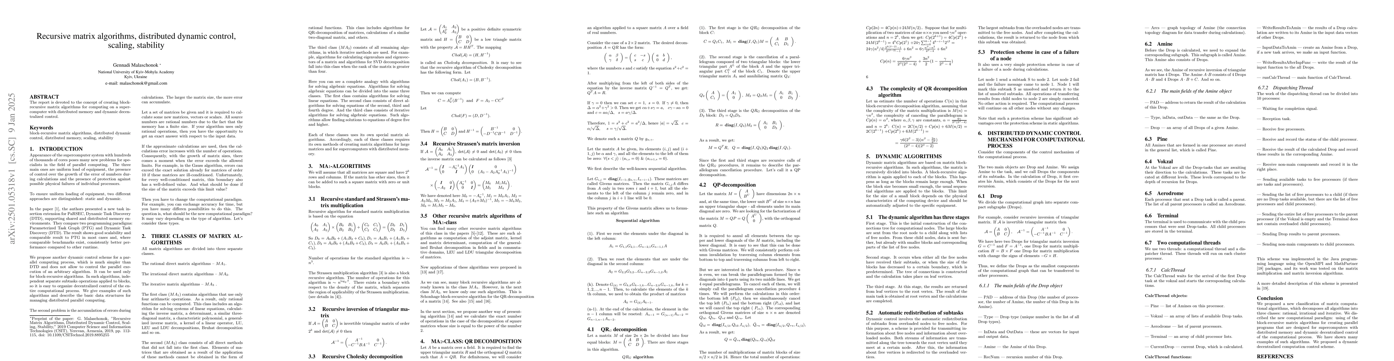 Thumbnail for Recursive matrix algorithms, distributed dynamic control, scaling,
  stability
