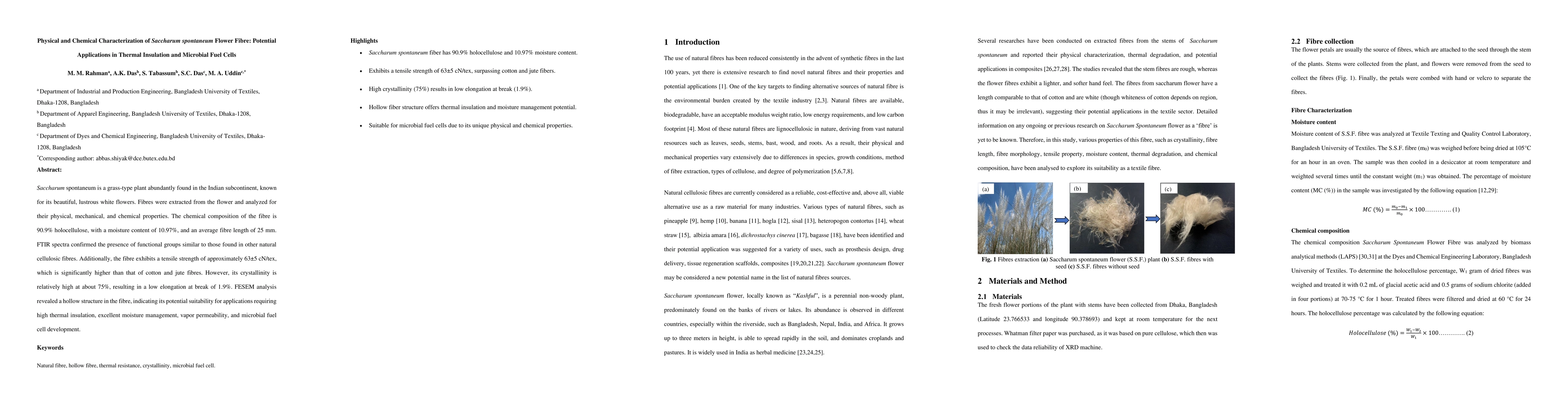 Thumbnail for Physical and chemical characterization of Saccharum spontaneum flower
  fibre: potential applications in thermal insulation and microbial fuel cells