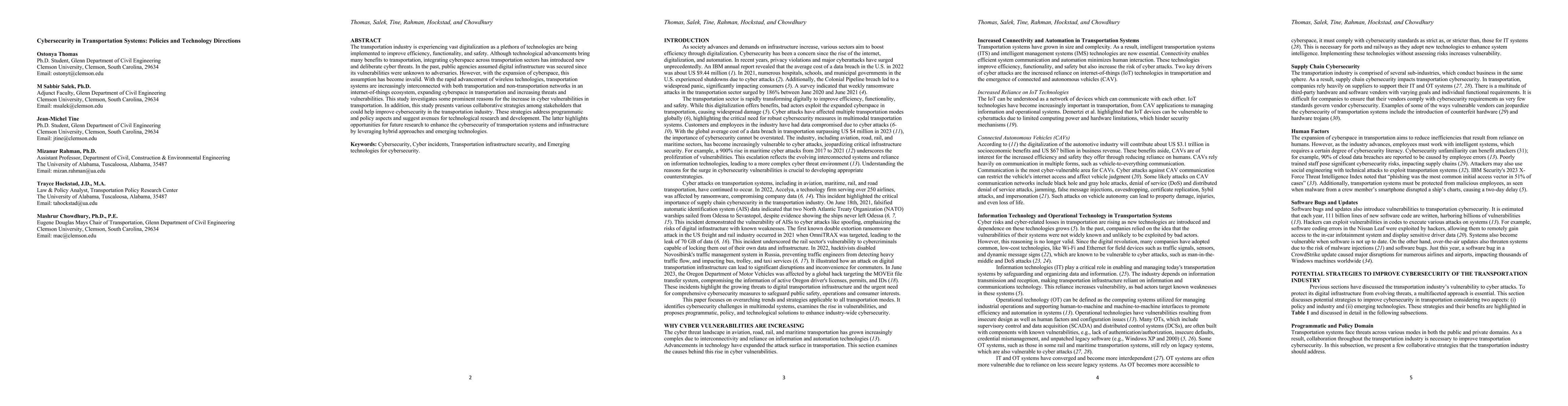 Thumbnail for Cybersecurity in Transportation Systems: Policies and Technology
  Directions