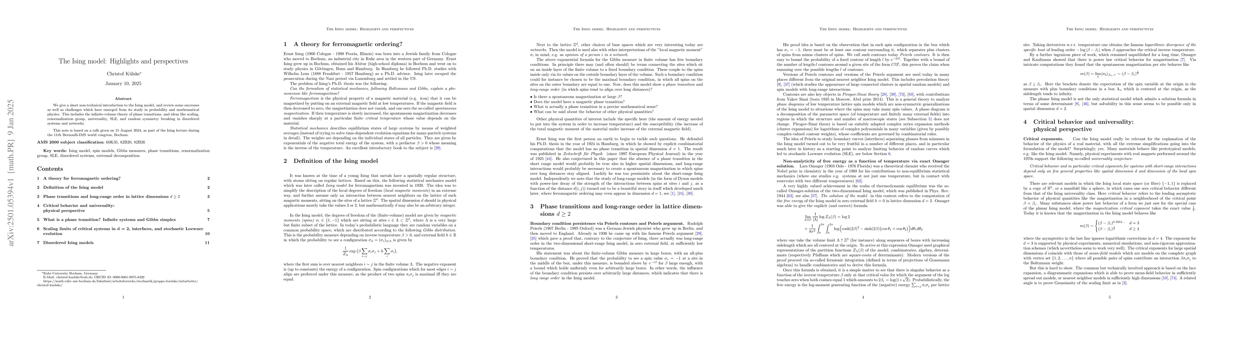 Thumbnail for The Ising model: Highlights and perspectives