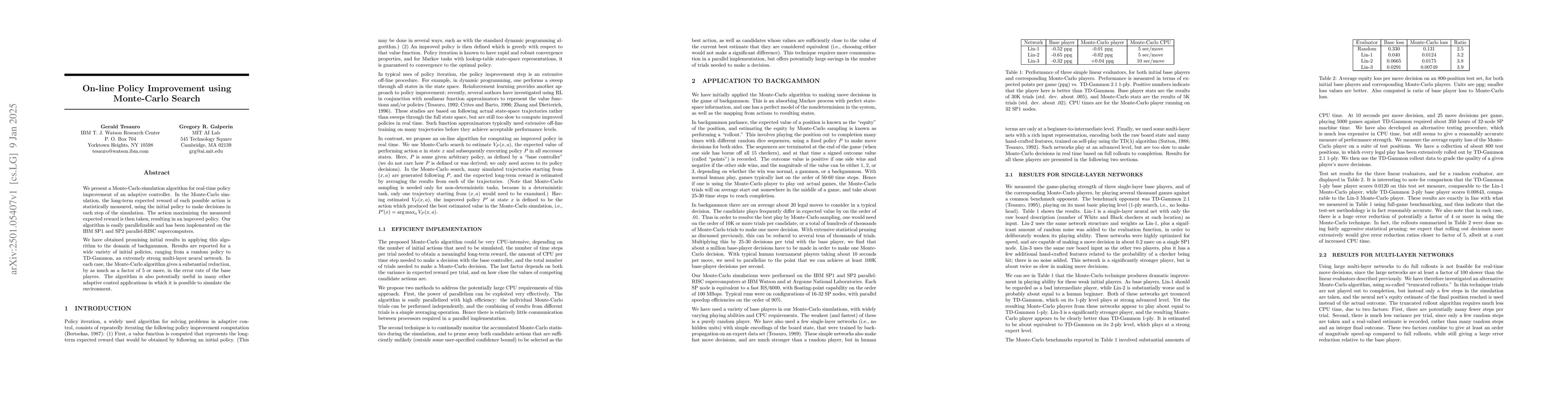 Thumbnail for On-line Policy Improvement using Monte-Carlo Search