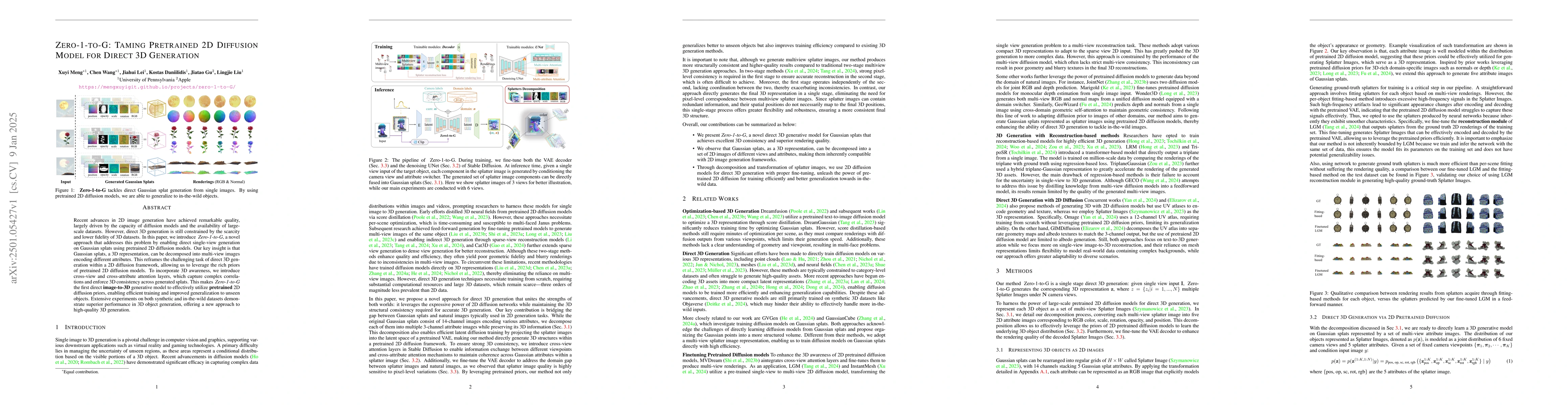 Thumbnail for Zero-1-to-G: Taming Pretrained 2D Diffusion Model for Direct 3D
  Generation