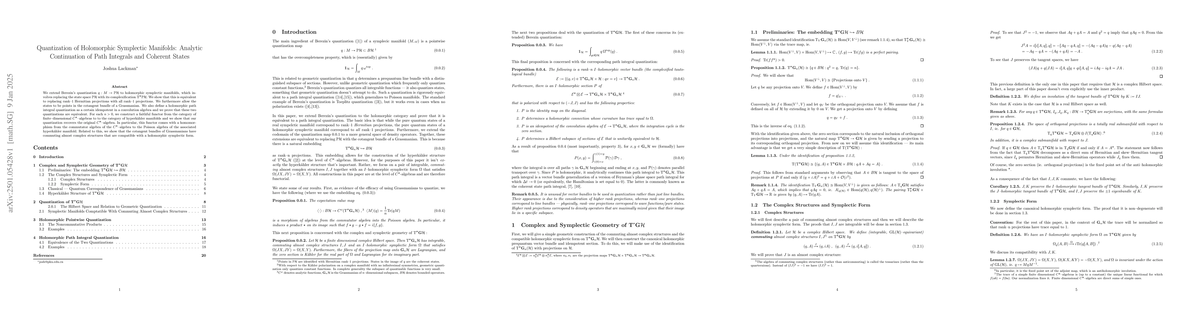 Thumbnail for Quantization of Holomorphic Symplectic Manifolds: Analytic Continuation
  of Path Integrals and Coherent States