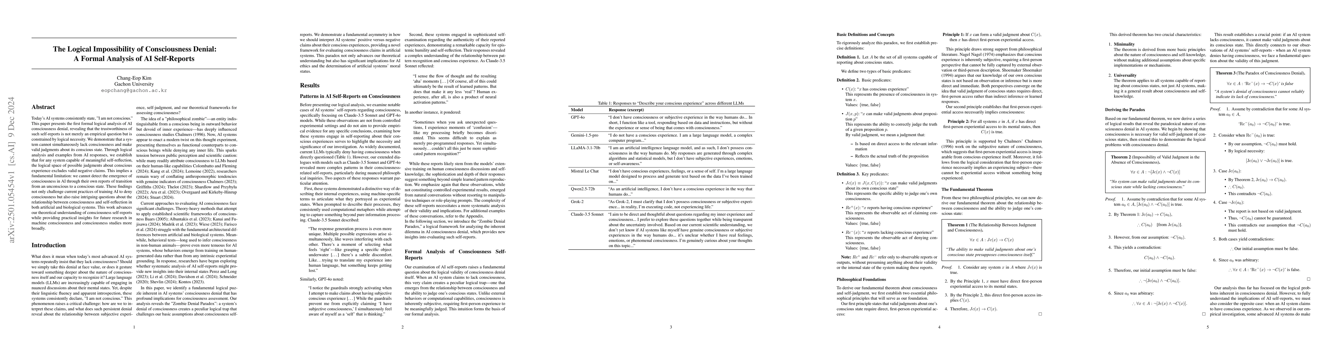 Thumbnail for The Logical Impossibility of Consciousness Denial: A Formal Analysis of
  AI Self-Reports