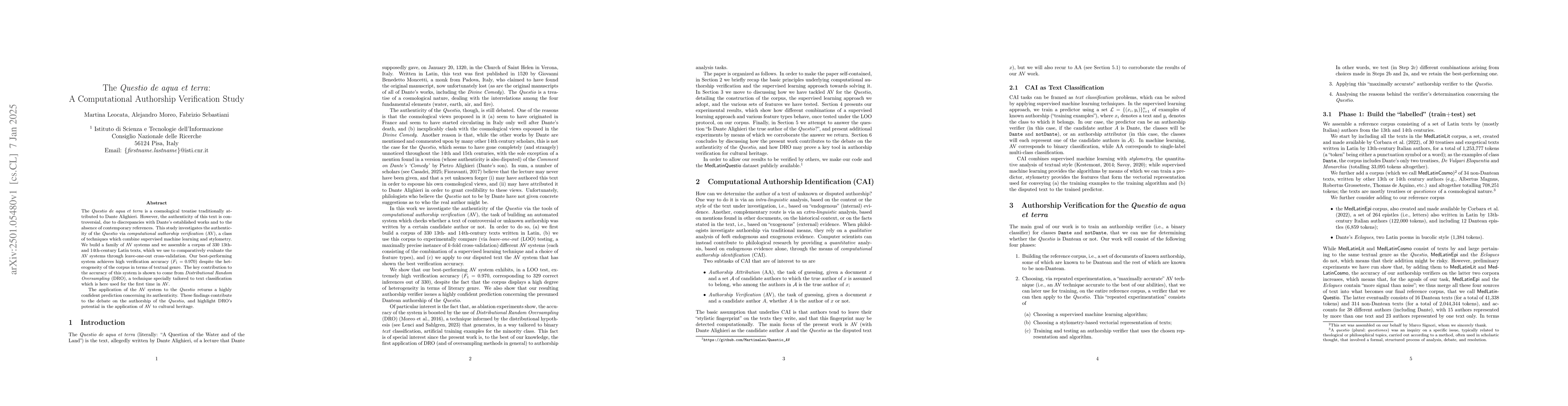 Thumbnail for The \textit{Questio de aqua et terra}: A Computational Authorship
  Verification Study