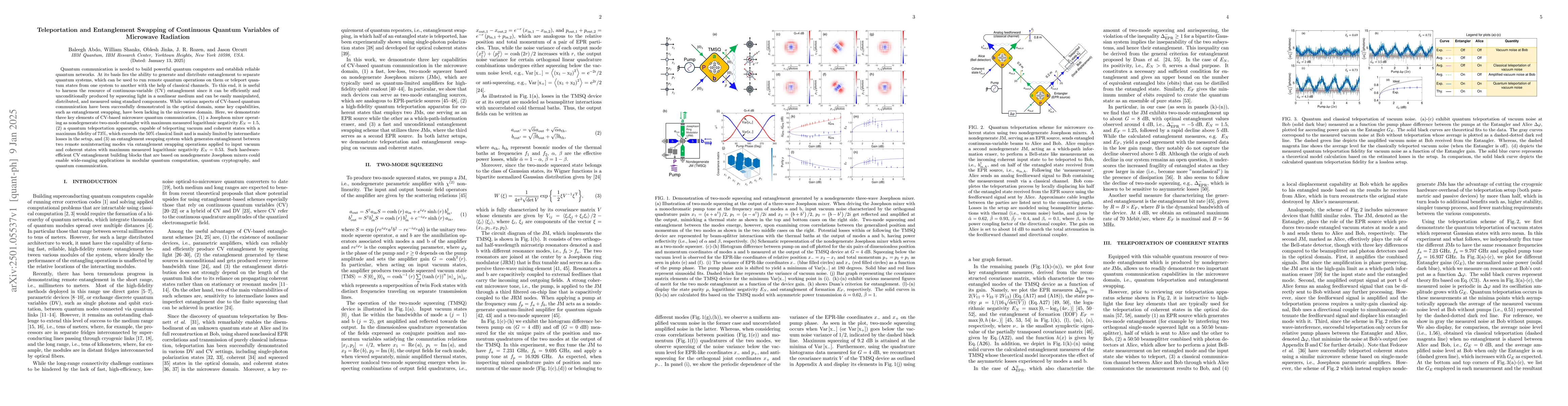 Thumbnail for Teleportation and Entanglement Swapping of Continuous Quantum Variables
  of Microwave Radiation