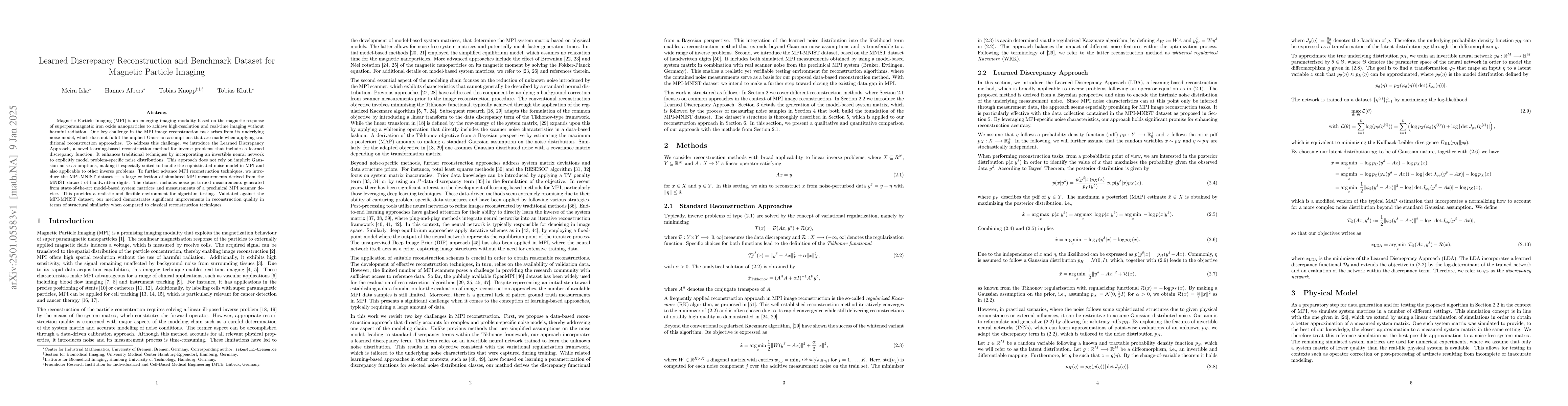 Thumbnail for Learned Discrepancy Reconstruction and Benchmark Dataset for Magnetic
  Particle Imaging