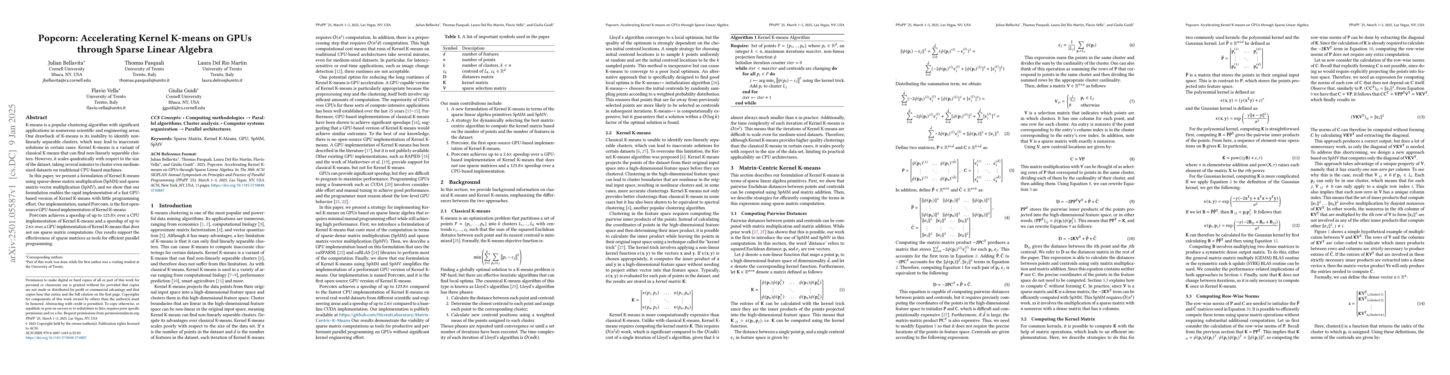Thumbnail for Popcorn: Accelerating Kernel K-means on GPUs through Sparse Linear
  Algebra